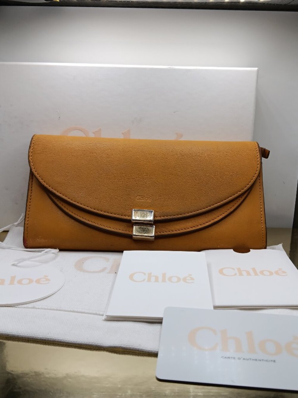 TLC Authentic Chloe 2013 Curry Yellow Leather Continental Wallet Dust Bag Box